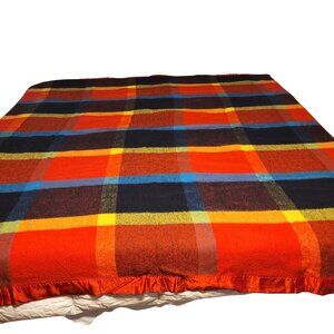Blanket Red Plaid Wool Twin Vintage Red Satin Trim 84'' Warm Multicolor Warm